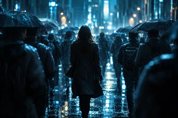 A lone figure moves through a dark, rain-soaked crowd in a blue cinematic scene.