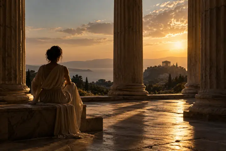 A lone figure among sunlit marble columns in a moody cinematic frame.