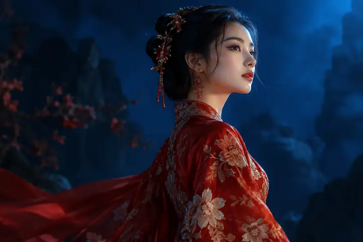 A woman in red embroidered silk shown in profile against a deep blue backdrop.