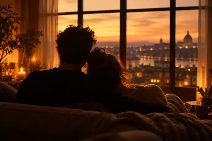 Two people silhouetted against a warmly lit window in a cinematic story frame.